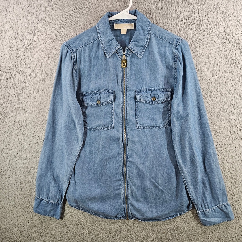 Michael Michael Kors Women Blue Lyocell Zip Front Denim Shirt Light Wash Small
